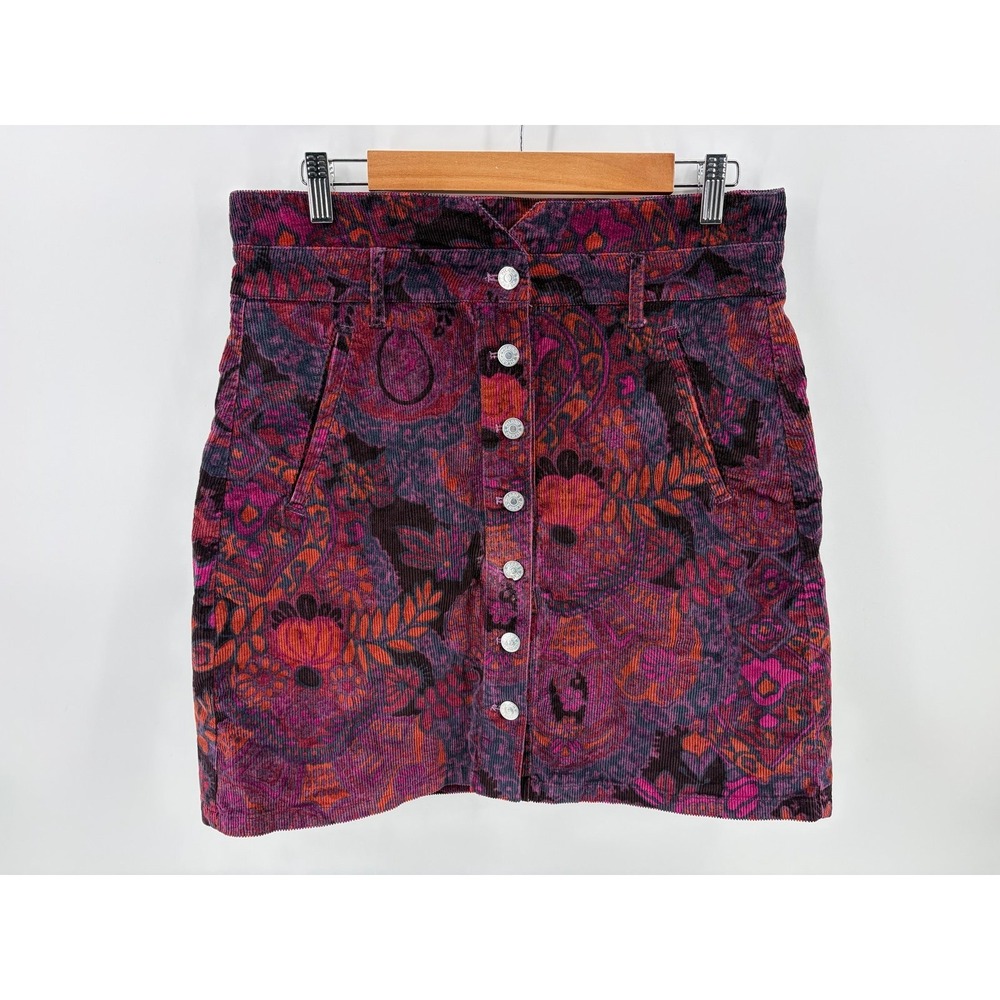 Pilcro, Anthropologie, Paisley Corduroy Button Front Mini Skirt, Size 12, Boho